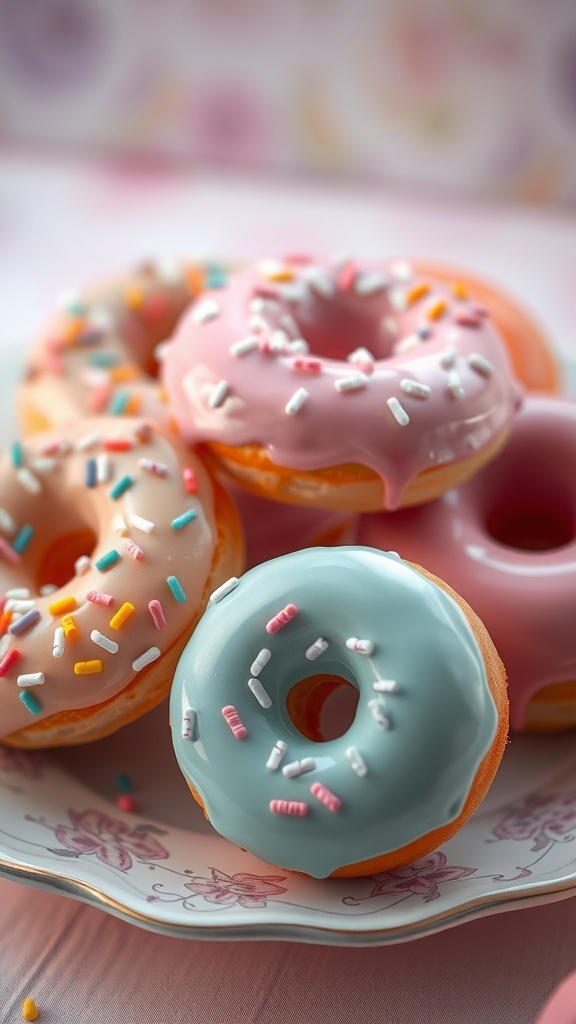 A colorful assortment of aesthetic donuts with sprinkles on a decorative plate.